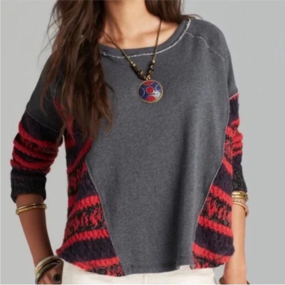 Free People Sinner Sweater Knit Sleeve Gray Sweatshirt S